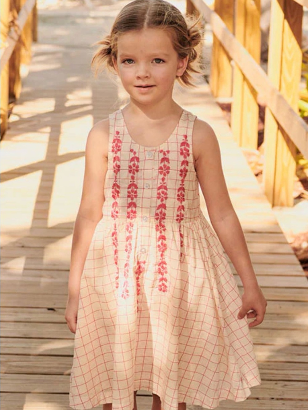 Pink chicken Girls Cream Dress with Pink Floral Embroidery